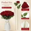 A bunch of deep red artificial roses displayed in a white vase with accompanying size and quality notes.