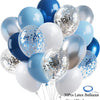 A collection of 30 latex balloons in various shades of blue and white, including clear and silver confetti balloons.