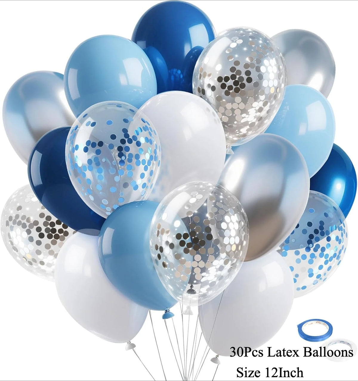 A collection of 30 latex balloons in various shades of blue and white, including clear and silver confetti balloons.