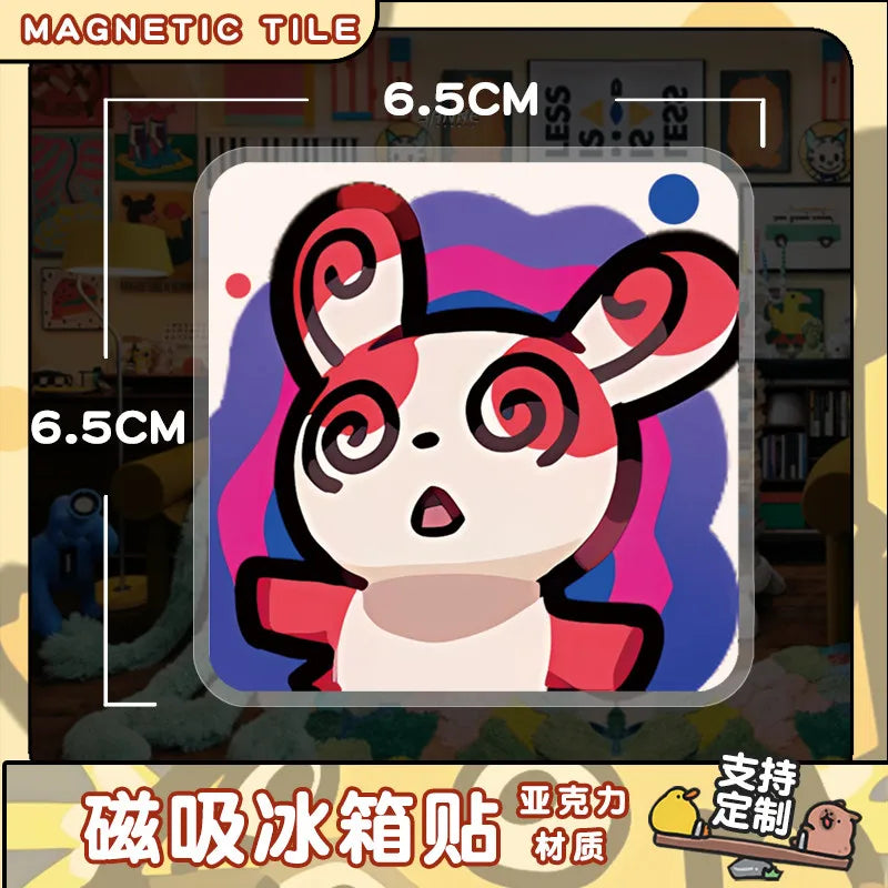 A cute, stylized white and pink rabbit fridge magnet tile with black accents.