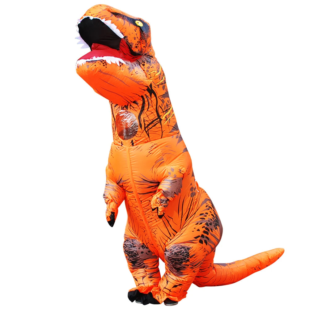 An inflatable adult T-Rex costume in bright orange with dark markings.