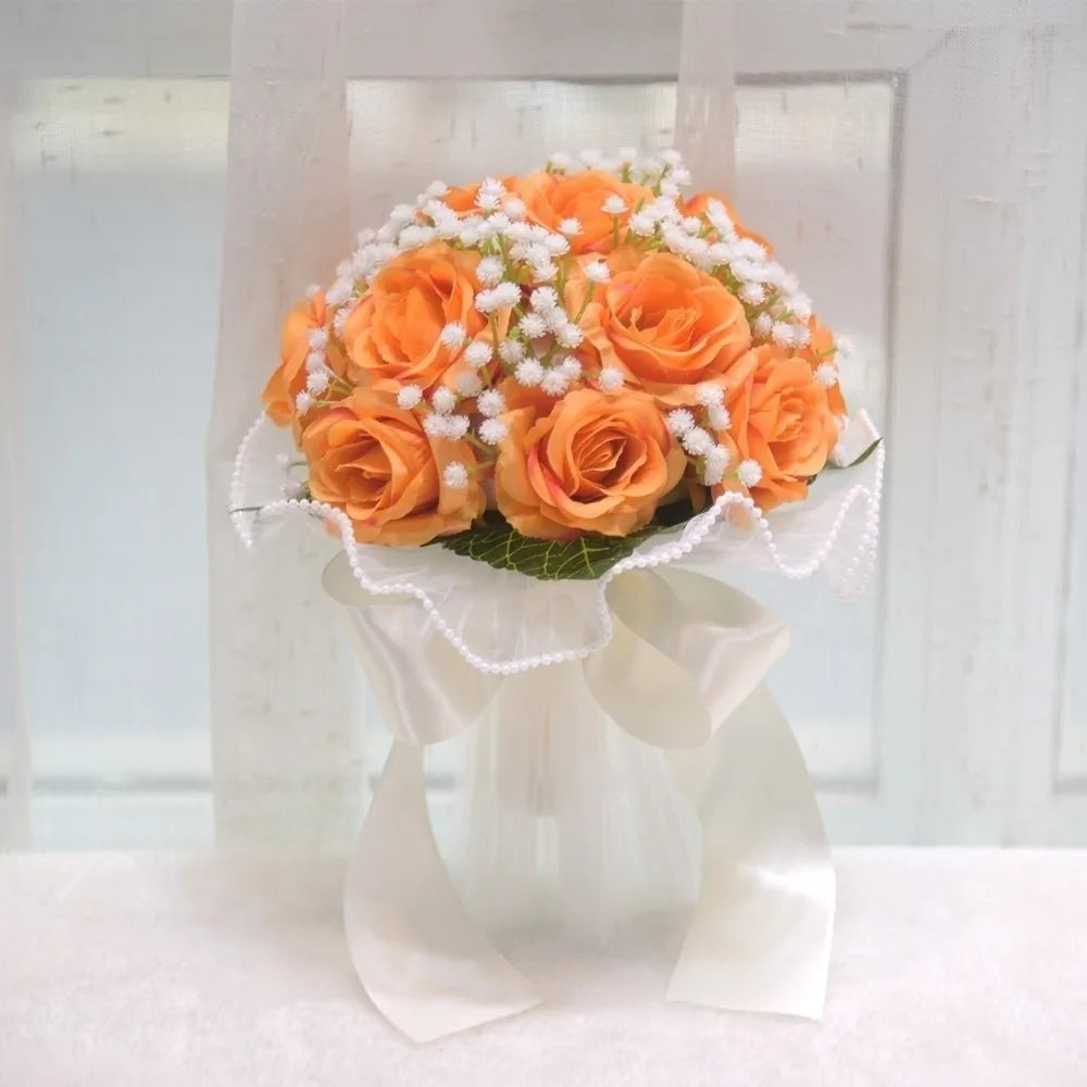 Elegant Silk Rose Bridal Bouquet with Baby's Breath
