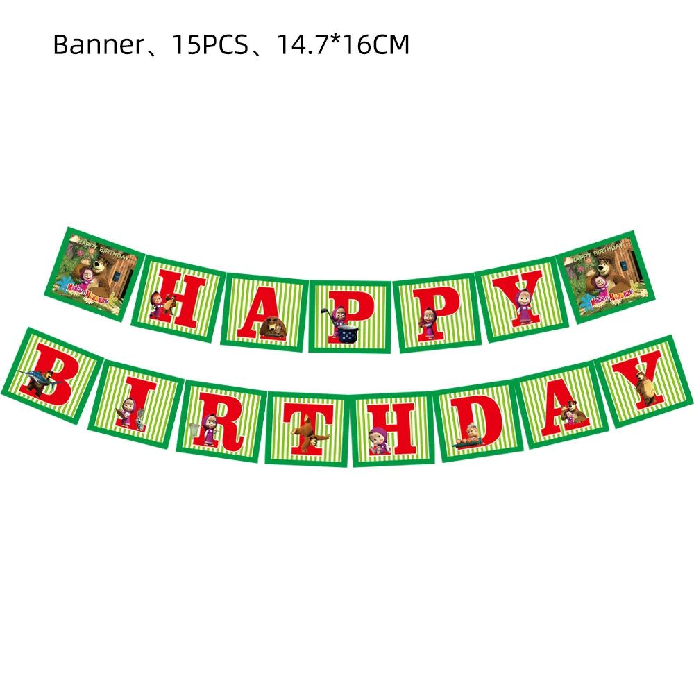 A banner spelling out HAPPY BIRTHDAY made of 15 pieces for a party decoration set.