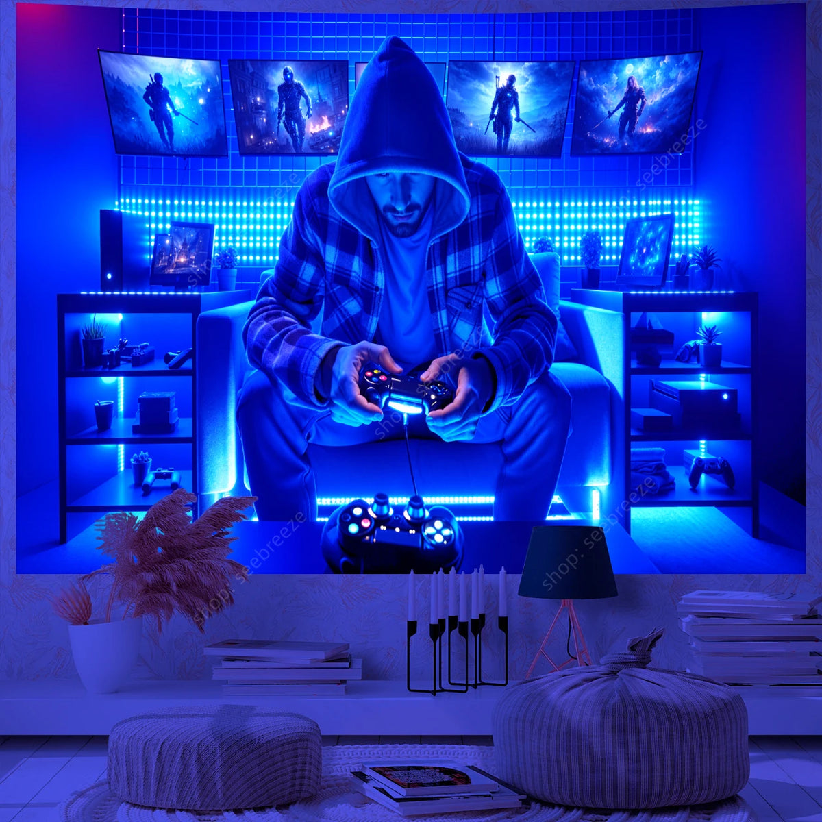A person sits in a gaming room surrounded by UV reactive light and displays featuring game imagery, holding a controller.