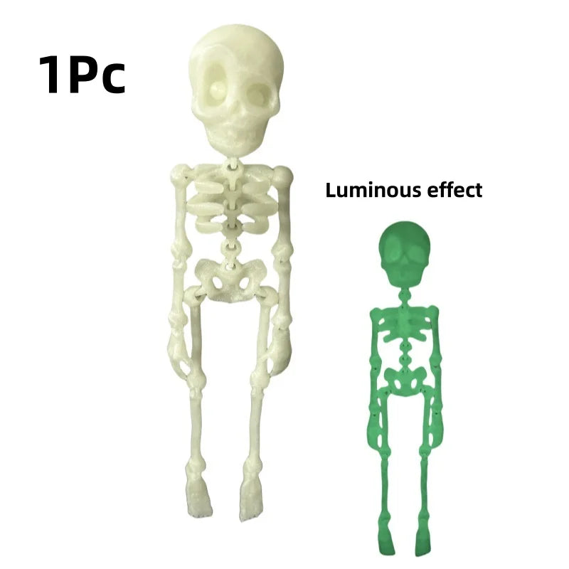 A white plastic skull skeleton model with a luminous green effect, shown next to its glowing version.