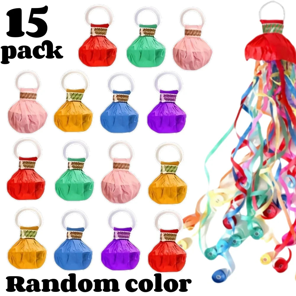 Ein Set von 15 handgefertigten Konfetti-Pfeife-Streamern in verschiedenen Farben wie rot, grün, pink und lila.