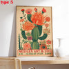 A vintage poster featuring colorful art of cacti and flowers in shades of orange, pink, and green.