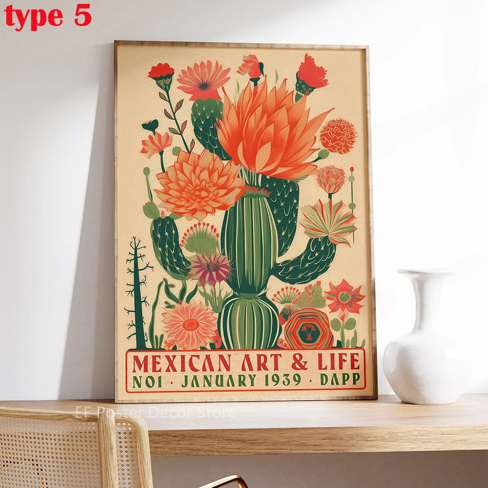 A vintage poster featuring colorful art of cacti and flowers in shades of orange, pink, and green.