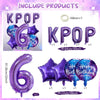 A set of purple foil number balloons spelling out the number 6 and the letters KPOP for a birthday celebration