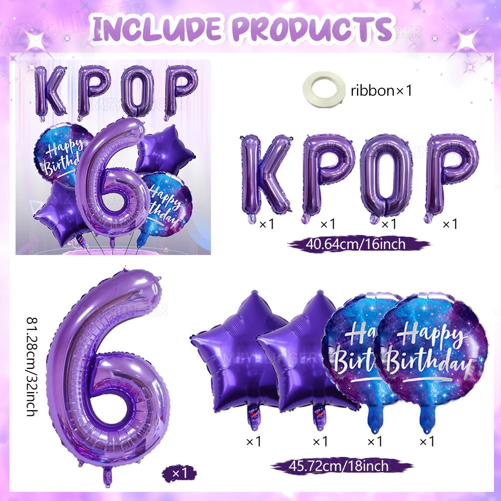 A set of purple foil number balloons spelling out the number 6 and the letters KPOP for a birthday celebration