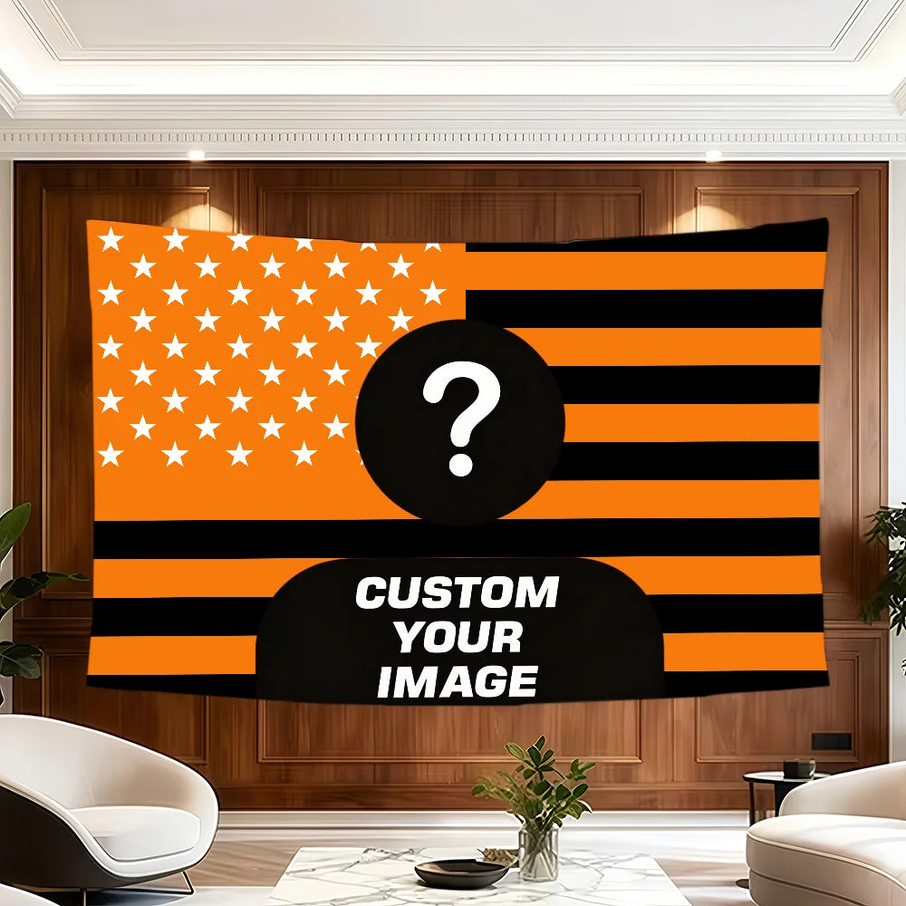 A large tapestry featuring the American flag design with a question mark overlay on an orange and black striped background.