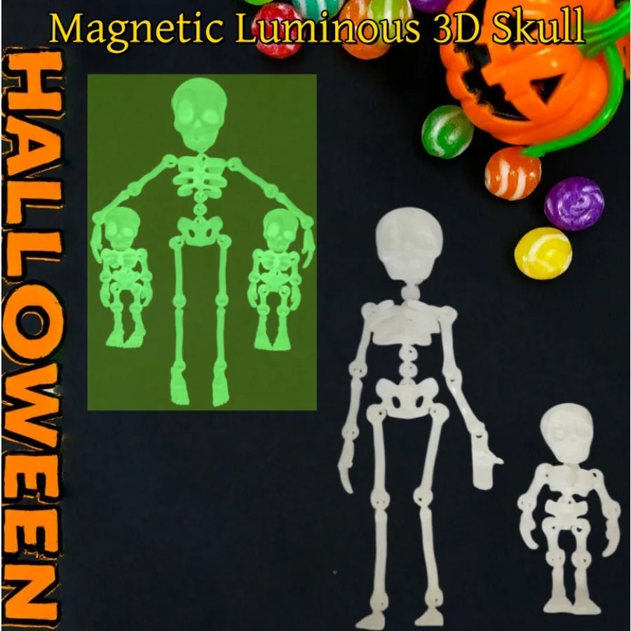 A set of poseable magnetic skull fridge magnets featuring green and white skeletal figures.