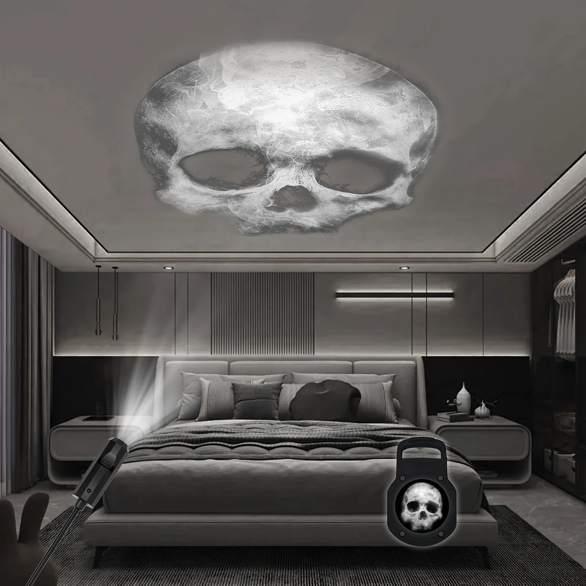 A modern bedroom featuring a bed with a Halloween LED projection lamp resting on the mattress.