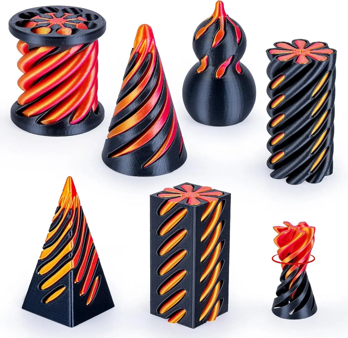 A set of black and orange spiral fidget toys, including conical and cylindrical designs.