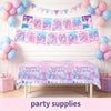 A banner and balloon decoration for a happy birthday party featuring pink and purple colors with K-Pop themes