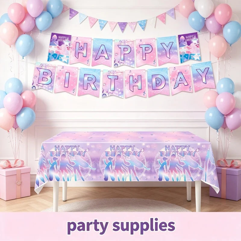 A banner and balloon decoration for a happy birthday party featuring pink and purple colors with K-Pop themes