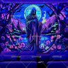 A dark tapestry featuring a hooded figure with glowing eyes and wings surrounded by purple and blue floral patterns.