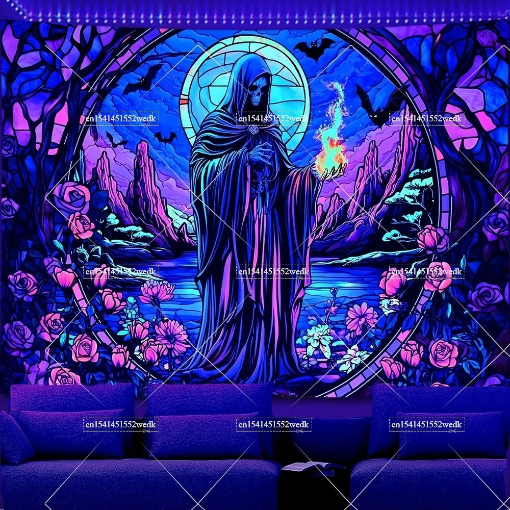 A dark tapestry featuring a hooded figure with glowing eyes and wings surrounded by purple and blue floral patterns.