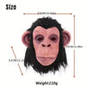 A realistic latex monkey mask costume with dark fur and pinkish facial features, shown with size dimensions.