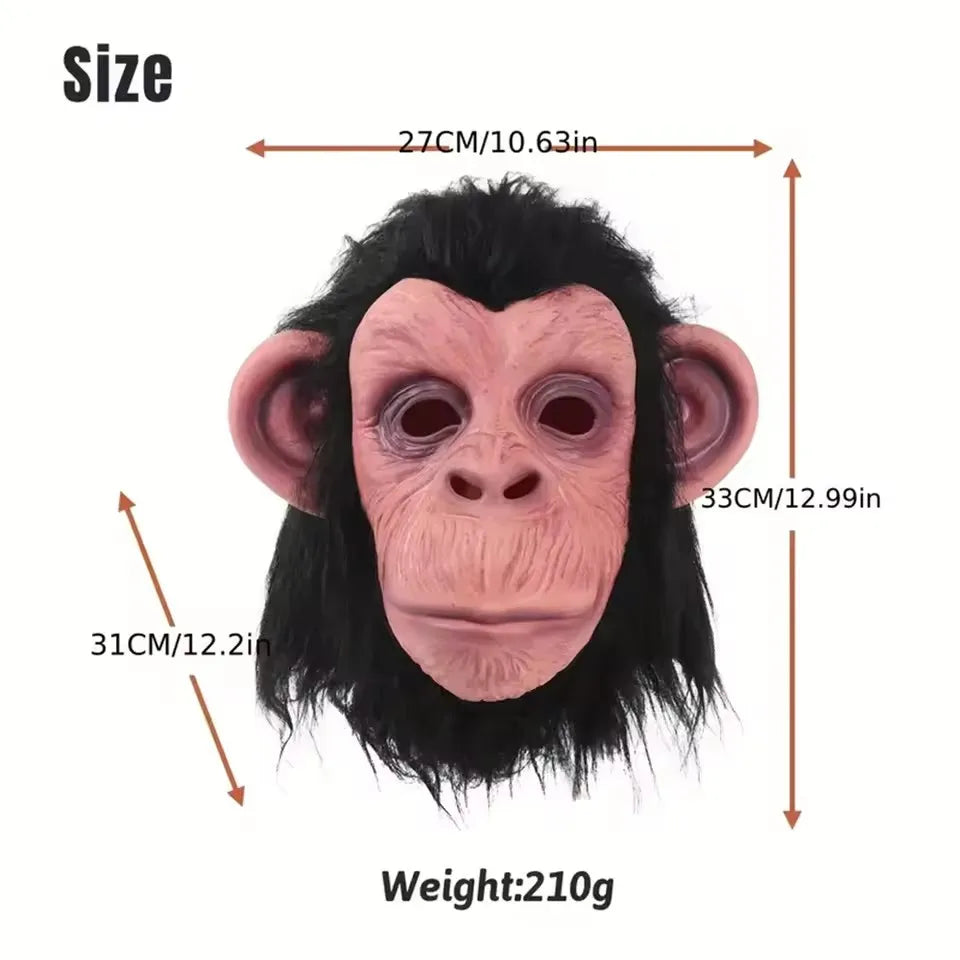 A realistic latex monkey mask costume with dark fur and pinkish facial features, shown with size dimensions.
