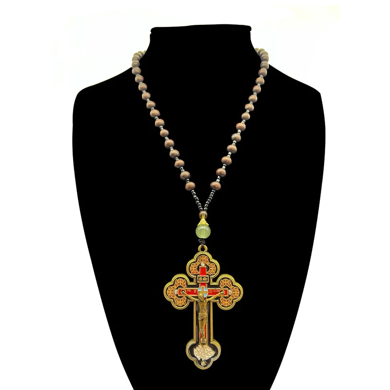 Orthodox Crucifix Cross Necklace with Rosary Beads
