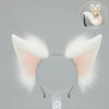 A white faux fur fox tail and ear costume set displayed against a gray background with an inset showing the ears.