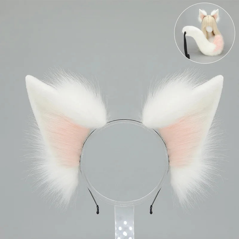 A white faux fur fox tail and ear costume set displayed against a gray background with an inset showing the ears.