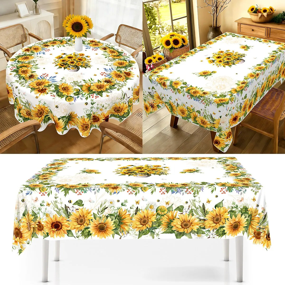 A white tablecloth with a vibrant yellow and green sunflower print is displayed on a dining table.