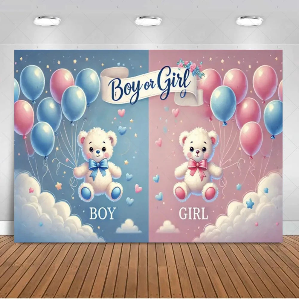 A gender reveal backdrop featuring pink and blue balloons and clouds with Boy or Girl text.