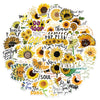 Kreisarrangement aus gelben und orangen Sonnenblumenmotiven mit inspirierenden Wörtern wie DO GOOD und POP PLUCK