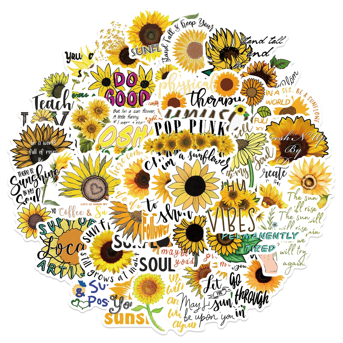 Kreisarrangement aus gelben und orangen Sonnenblumenmotiven mit inspirierenden Wörtern wie DO GOOD und POP PLUCK