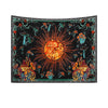 A tapestry featuring celestial sun and moon designs surrounded by various mushrooms and zodiac elements.