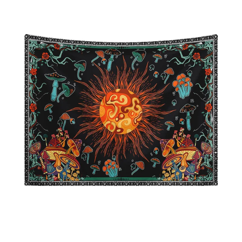 A tapestry featuring celestial sun and moon designs surrounded by various mushrooms and zodiac elements.