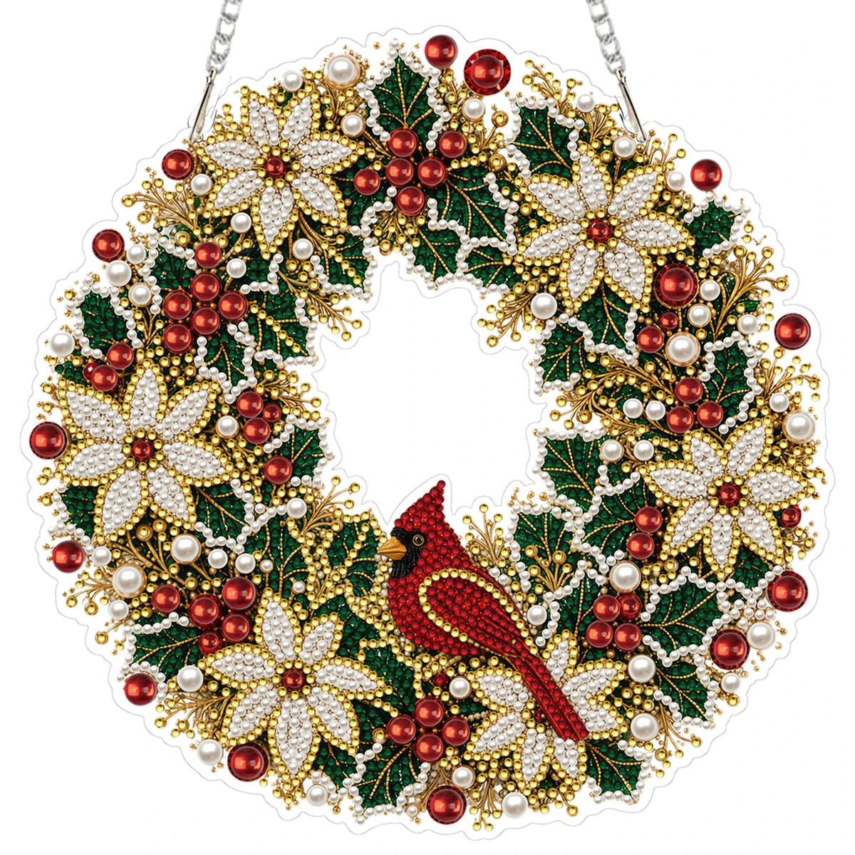 An LED-illuminated diamond painting wreath kit featuring red berries, white pearls, and green foliage.