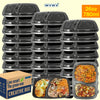 A stack of black two-compartment meal prep lunch boxes with lids, packaged in a cardboard box.