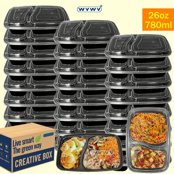 A stack of black two-compartment meal prep lunch boxes with lids, packaged in a cardboard box.