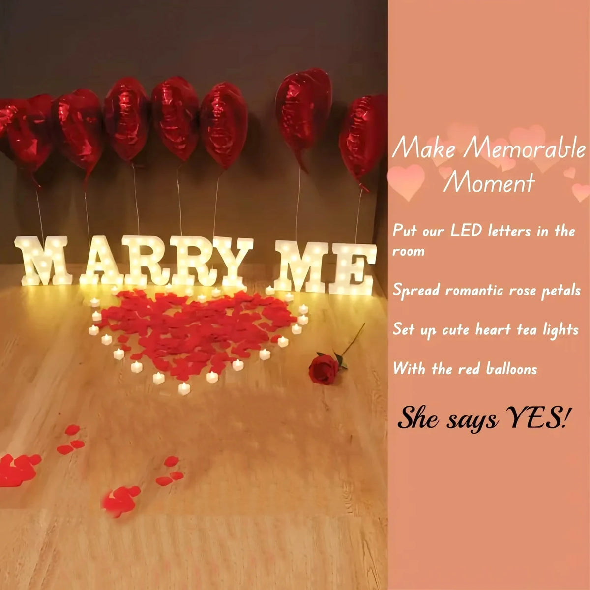 Display mit LED-Buchstaben 'MARRY ME' umgeben von roten Rosenblättern und Ballons.