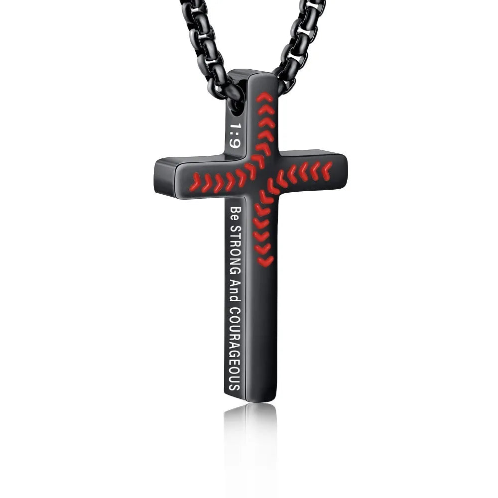 A stainless steel cross pendant necklace with a baseball pattern design and a black chain.