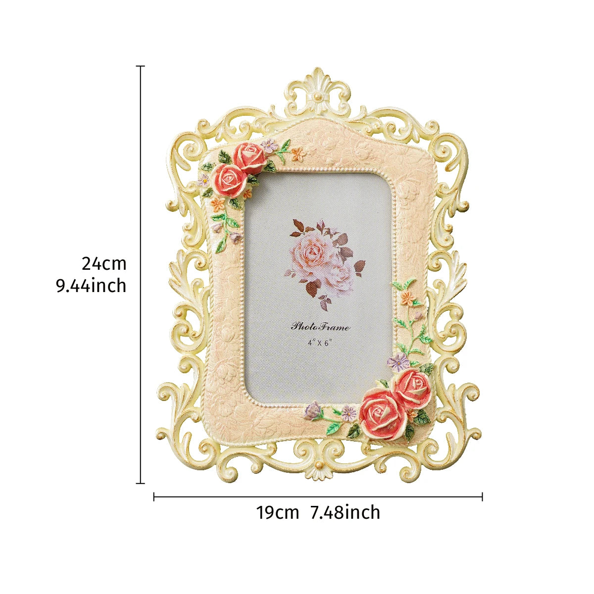 A decorative resin photo frame with a gold border and floral accents, featuring a light pink background.