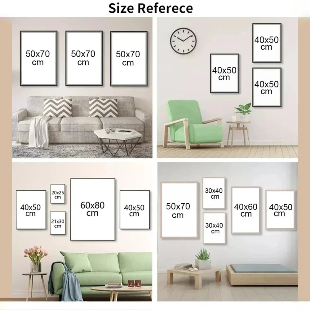 A collection of framed wall art posters featuring various sizes and designs displayed in modern living room settings.