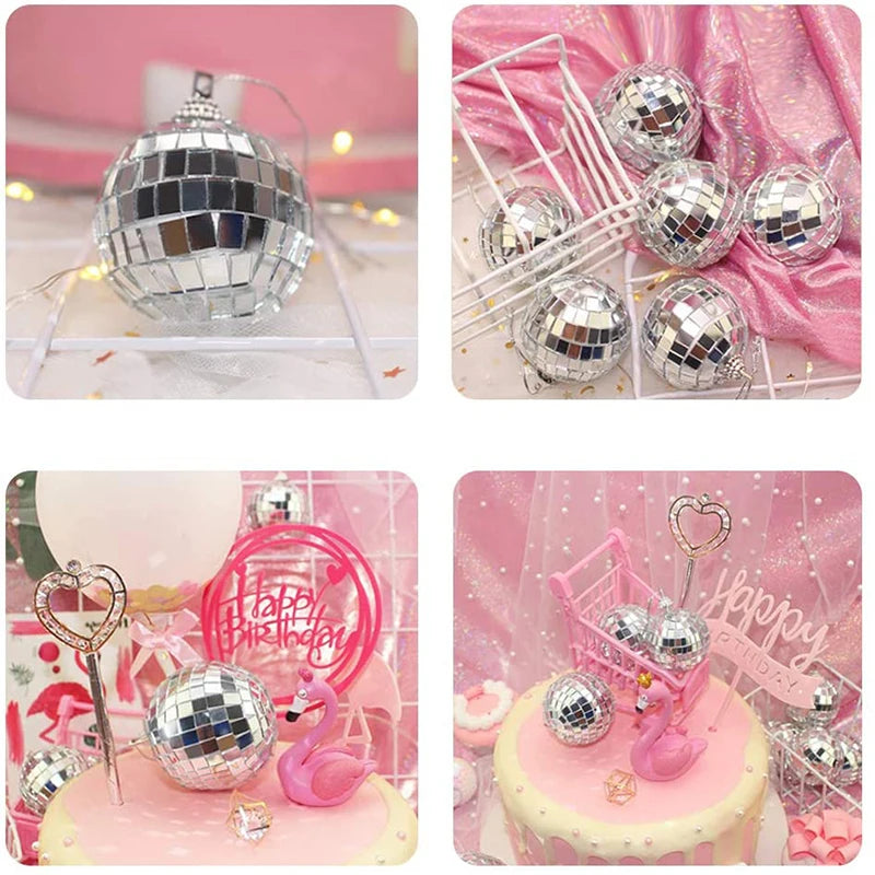 Silver disco mirror balls displayed in various packaging and on a pink cake for parties and decor