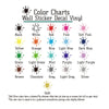 Color charts for wall sticker decal vinyl showing various colors like black, white, red, pink, blue, and green.