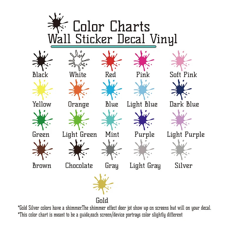 Color charts for wall sticker decal vinyl showing various colors like black, white, red, pink, blue, and green.