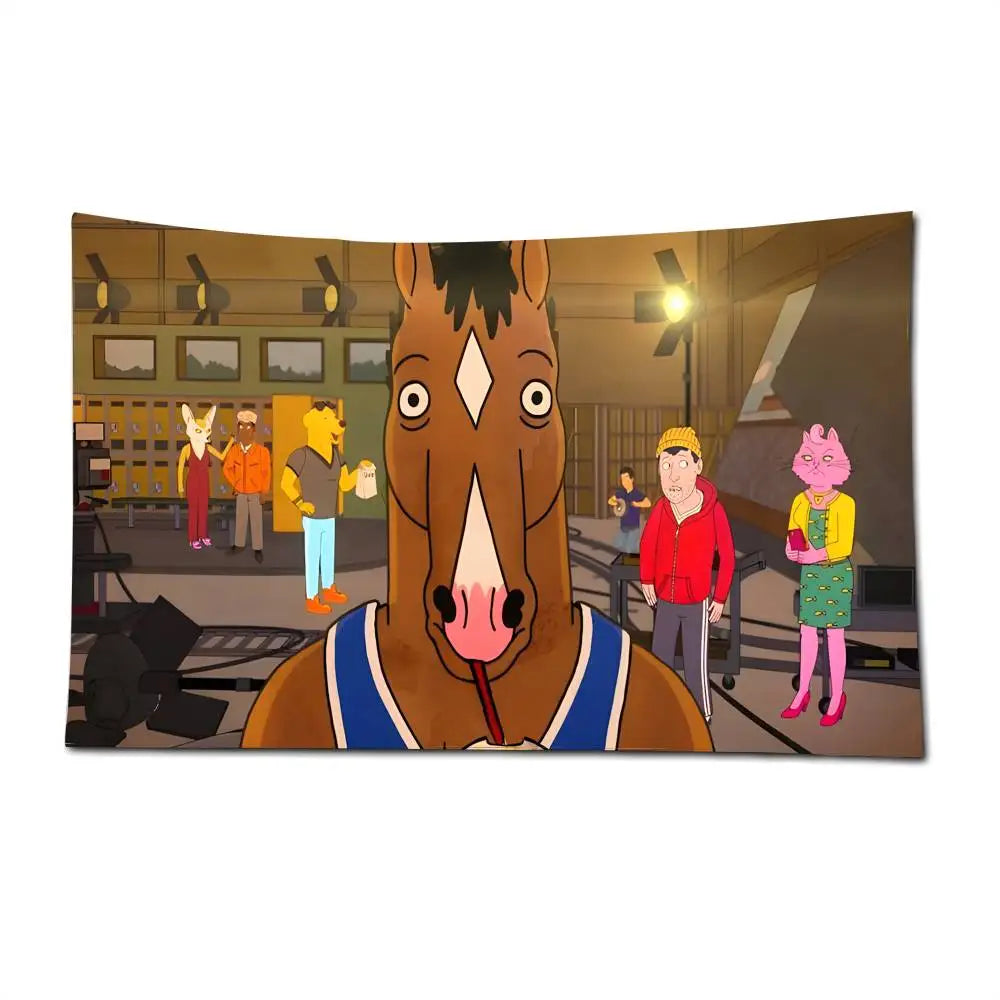 A flag banner featuring BoJack Horseman with a wooden pole and several characters in a studio setting.