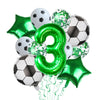 A balloon set featuring a number three and various green and silver football-themed balloons and stars.