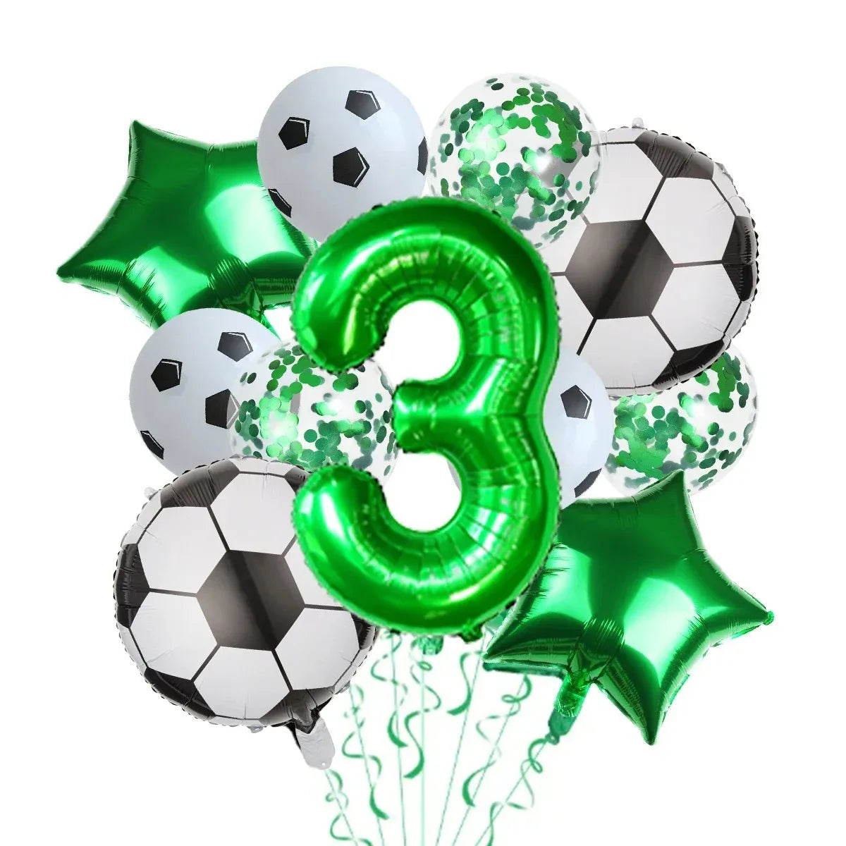 A balloon set featuring a number three and various green and silver football-themed balloons and stars.