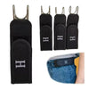 Black lazy belt with a metal hook and elastic waistband shown against a light skin tone.