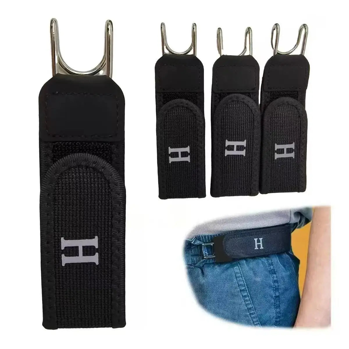Black lazy belt with a metal hook and elastic waistband shown against a light skin tone.