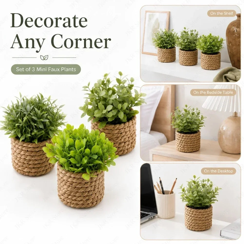 Set of three mini faux plants in woven pots displayed on a white surface.