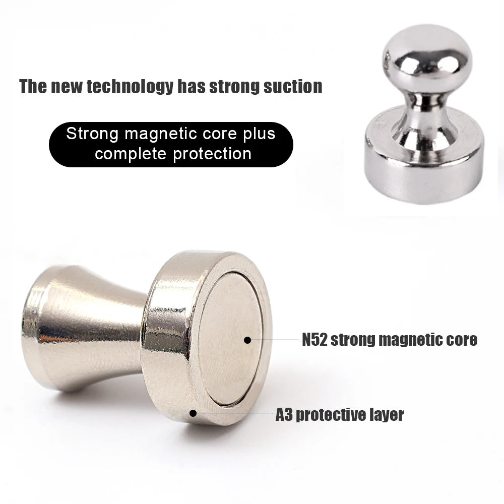 A silver magnetic pushpin showing a strong magnetic core and an A3 protective layer.